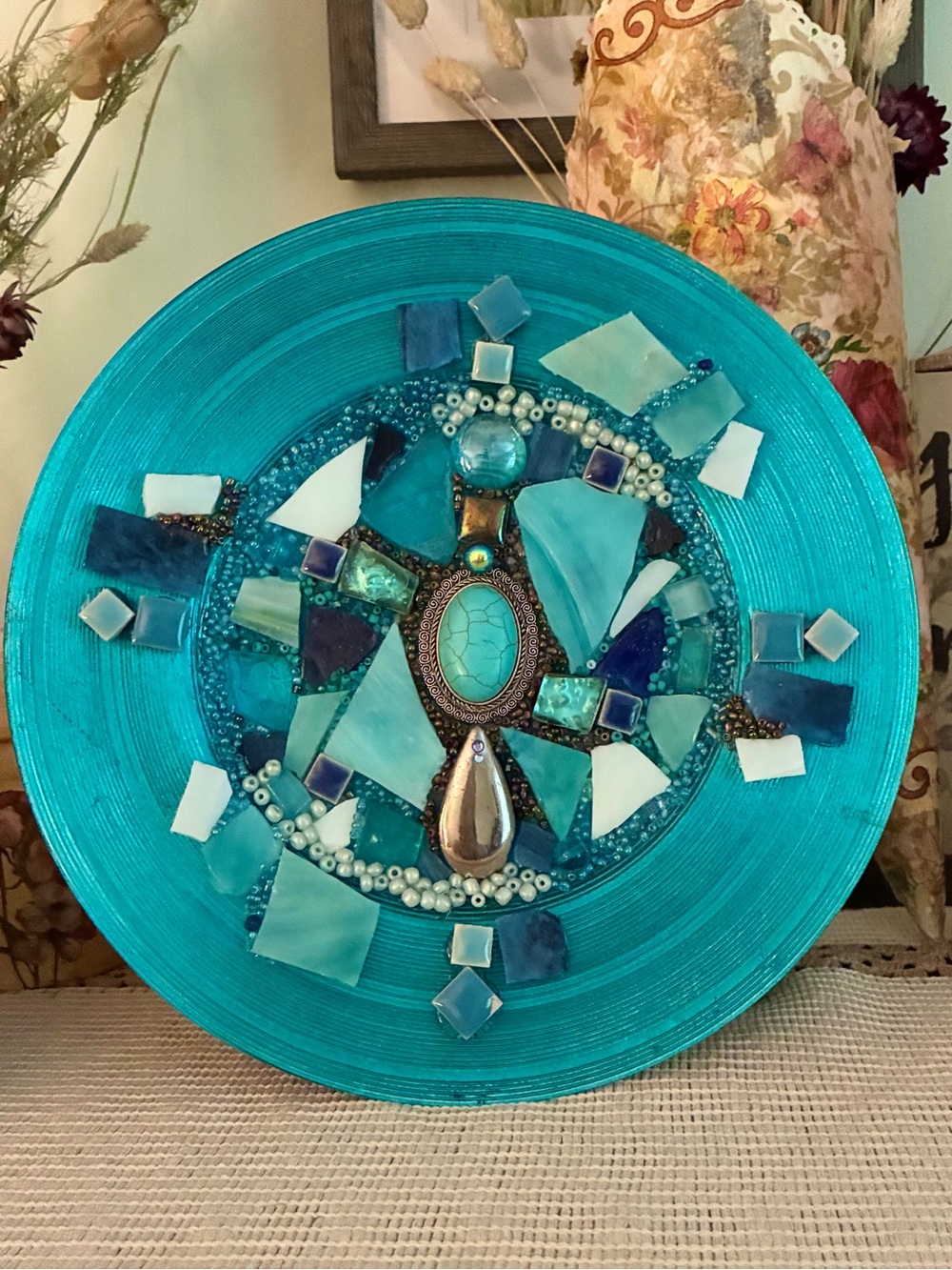 Handcrafted Turquoise Mosaic Decorative Wall Plate 8”round